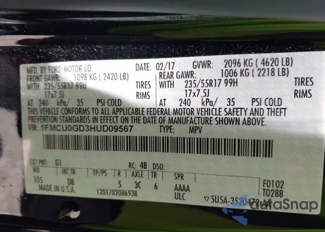 2017 Ford Escape Se из США, поврежденный, VIN 1FMCU0GD3HUD09567